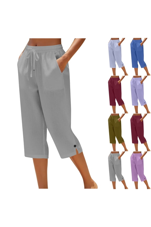 Cotton Linen Capri Pants for Women Loose Fit Straight Leg Drawstring Elastic Waist Cropped Pant Casual Summer Side Slit Trousers With Pockets Wine S