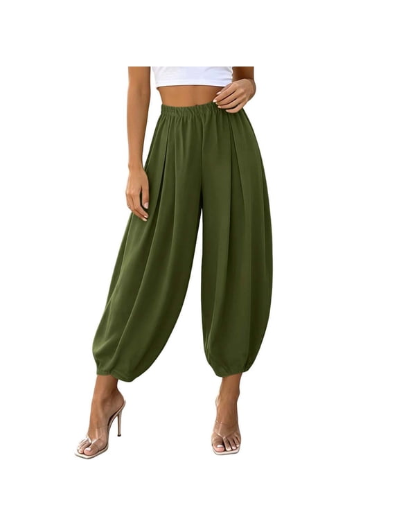 Cotton Linen Harem Pants Women Balloon Trouser Wide Leg Baggy Pants | Drawstring Elastic Waist Lantern Pants With Pockets Green L