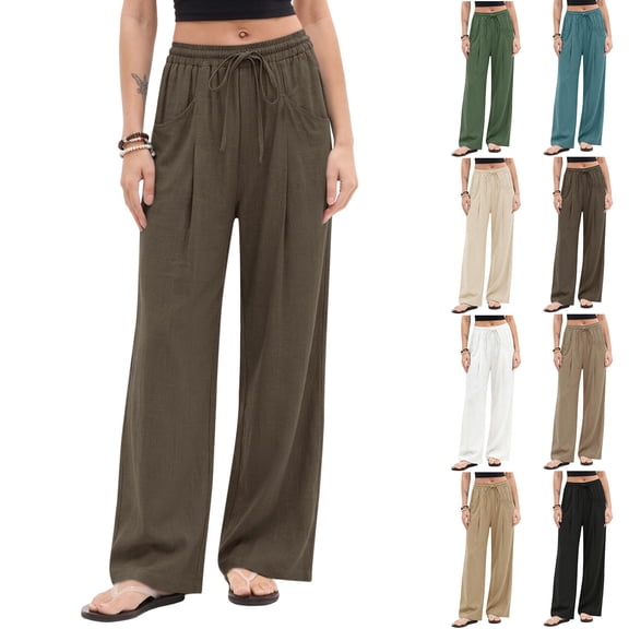 Lumtrix Cotton Linen Pants Women Wide Leg Palazzo Pants Elastic High Waisted Summer Beach Casual Lounge Trousers with Pockets Camel L
