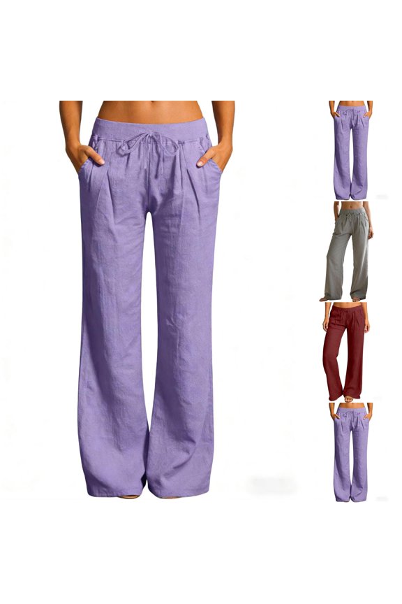 Cotton Linen Pants for Women Wide Leg Drawstring Elastic Low Rise Pants Casual Loose Fit Trousers with Pockets White S