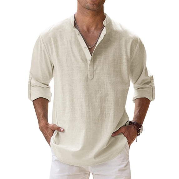 Lumtrix Men's Cotton Linen Shirts Henley Stand Collar T-Shirts Long Sleeve Lightweight Casual Beach Solid Tops Complexion 2XL