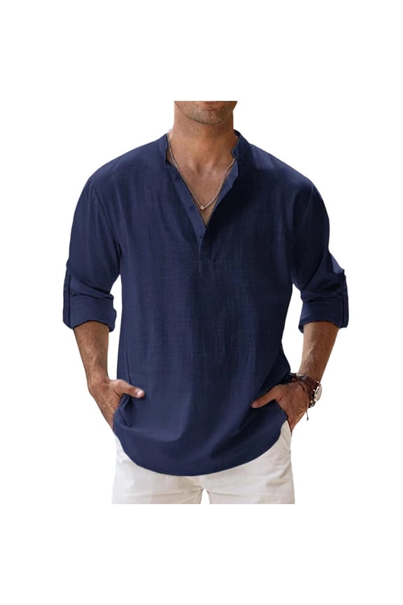 Cotton Linen Shirts for Men Lightweight Casual Long Sleeve Henley Stand Collar Lightweight Beach Hawaiian Tops Royal Blue XL