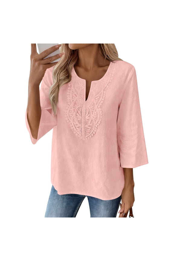 Cotton Linen Shirts for Women Loose Fitted 3/4 Sleeve Lace Front V Neck Tops Casual Boho Blouse Pink M