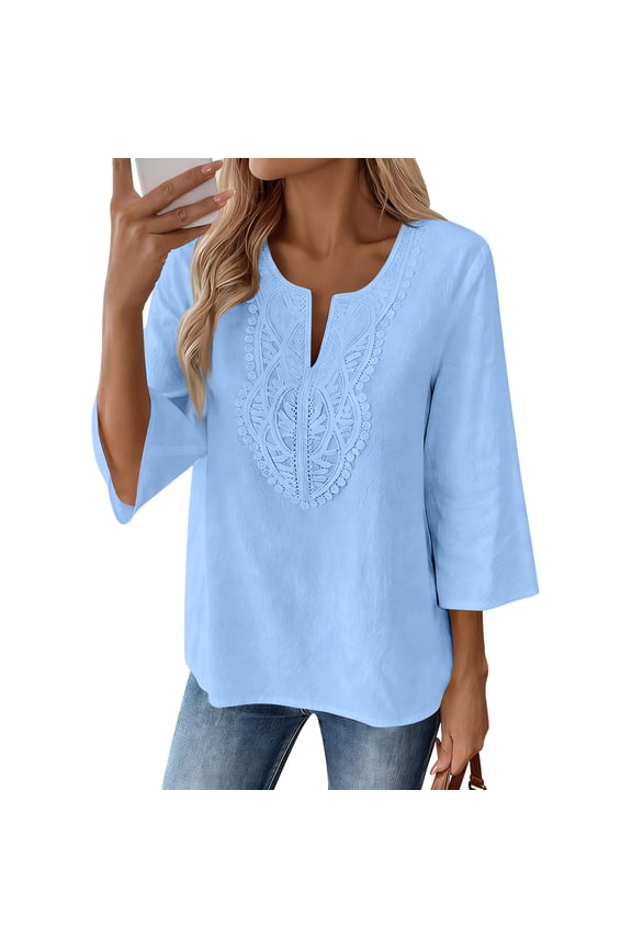 Cotton Linen Shirts for Women Loose Fitted 3/4 Sleeve Lace Front V Neck Tops Casual Boho Blouse Sky Blue L