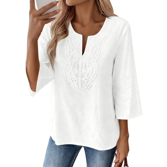 Lumtrix Cotton Linen Shirts for Women Loose Fitted 3/4 Sleeve Lace Front V Neck Tops Casual Boho Blouse White M