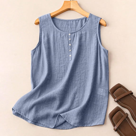 Lumtrix Cotton Linen Tank Tops For Women Casual Cute Gauze Button Down Crewneck Sleeveless Summer Shirts Loose Lightweight Vests 2026 Light Blue XL