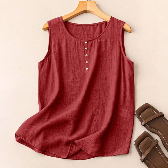 Lumtrix Cotton Linen Tank Tops For Women Casual Cute Gauze Button Down Crewneck Sleeveless Summer Shirts Loose Lightweight Vests 2026 Red M