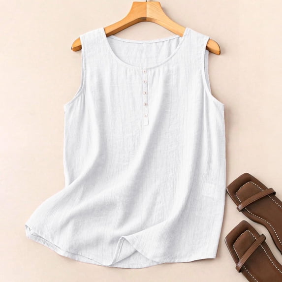 Lumtrix Cotton Linen Tank Tops For Women Casual Cute Gauze Button Down Crewneck Sleeveless Summer Shirts Loose Lightweight Vests 2026 White S