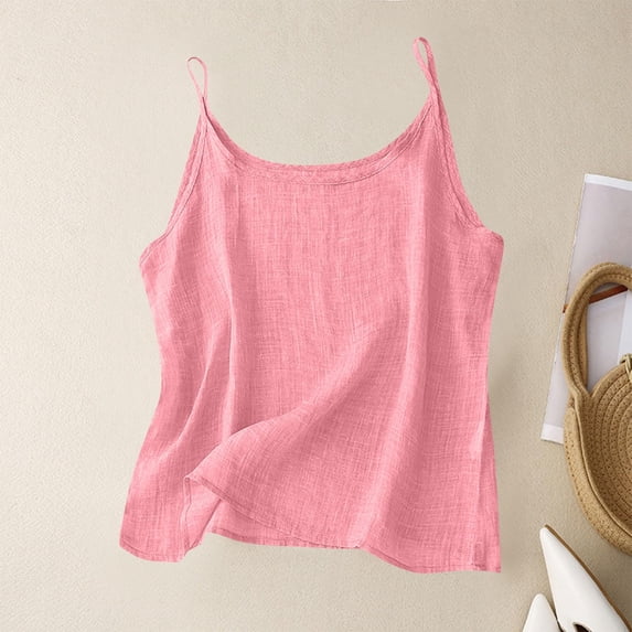 Lumtrix Cotton Linen Tank Tops For Women Loose Fit Spaghetti Strap Sleeveless Tops Summer Beach Gauze Shirts Plus Size Watermelon Red M