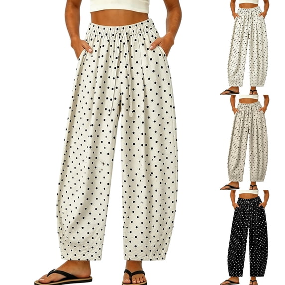 Lumtrix Cotton Pants Women Polka Dot Elastic Waist Wide Leg Barrel Pants Summer Beach Boho Palazzo Trousers Black L