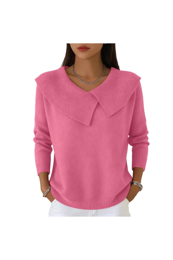 Cozy Sweaters For Women 2026 Knitted Casual Loose Pullover Fashion Shawl Collar Long Sleeve Fall Spring Clothes Trendy Tops Pink M
