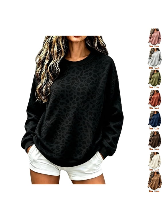 Crew Neck Sweatshirts Women Long Sleeve Oversized Leopard Sweatshirt Print Trendy Travel Streetwear Sweat Shirt Black M