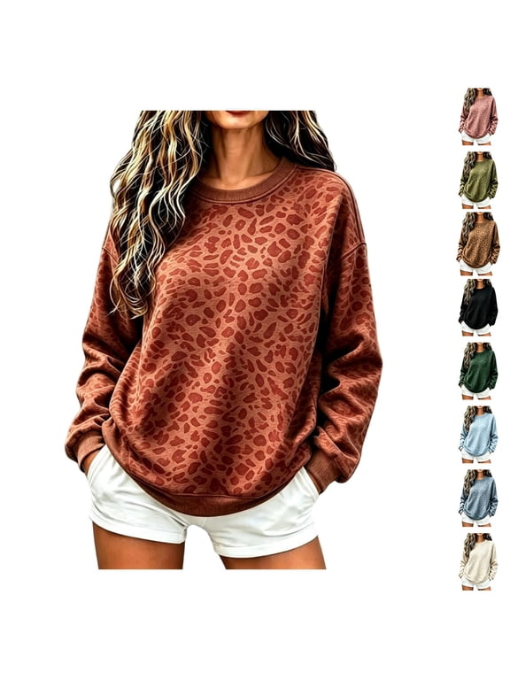 Crew Neck Sweatshirts Women Long Sleeve Oversized Leopard Sweatshirt Print Trendy Travel Streetwear Sweat Shirt Red 3XL