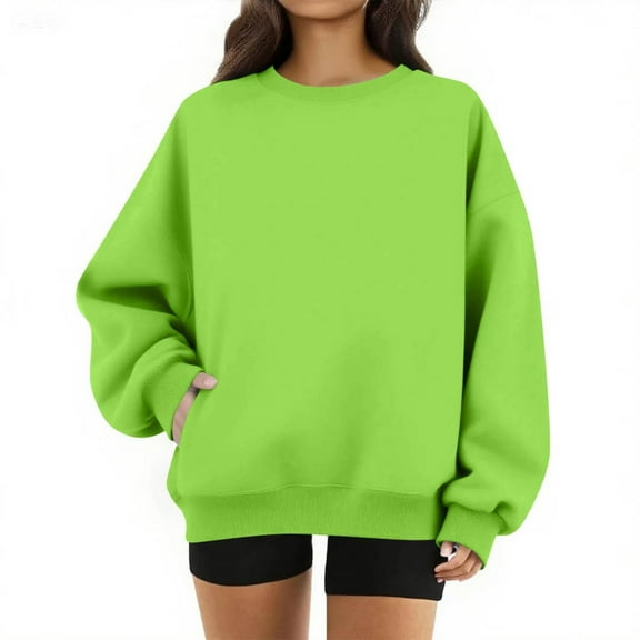 Lumtrix Crewneck Fall Sweatshirts for Women Trendy Womens Plain Long Sleeve Pullover Tops with Pockets Fashion 2025 Fluorescent Green XL