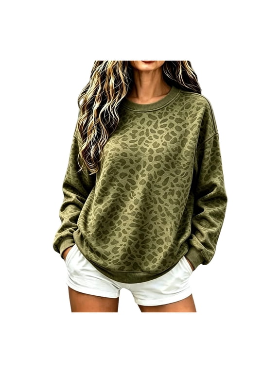 Crewneck Sweatshirt For Women Long Sleeve Leopard Print Shirts Fall Loose Fit Boho Tops Light Green L