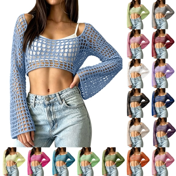 Lumtrix Crochet Crop Tops for Women Y2k Hollow Out Crochet Shrug Sweater Long Sleeve Going Out See Through Top Shoulder Cover Gray L