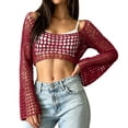 thumbnail image 1 of Lumtrix Crop Crochet Tops for Women Hollow Out Long Sleeve Bolero Shrug See Through Sweater Casual Bikini Beach Cover Up Deep Red S, 1 of 6