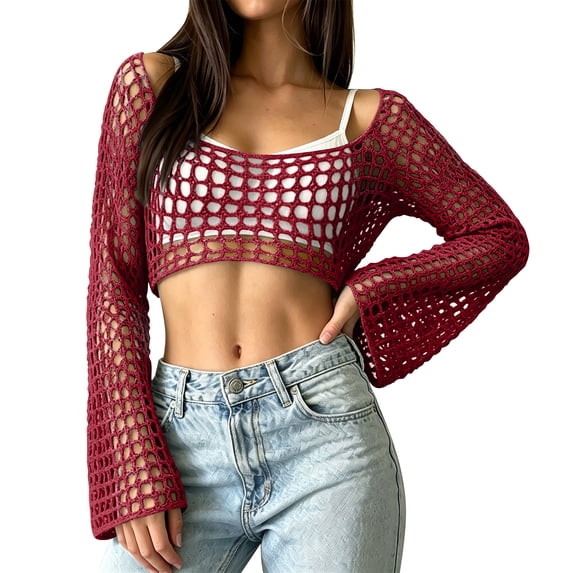 Lumtrix Crop Crochet Tops for Women Hollow Out Long Sleeve Bolero Shrug See Through Sweater Casual Bikini Beach Cover Up Deep Red S