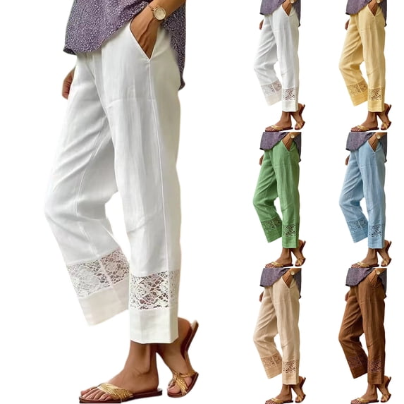 Lumtrix Cropped Cotton Linen Pants Women Drawstring Straight Leg Lace Patchwork Summer Casual Beach Boho Pants Capris with Pockets Brown M