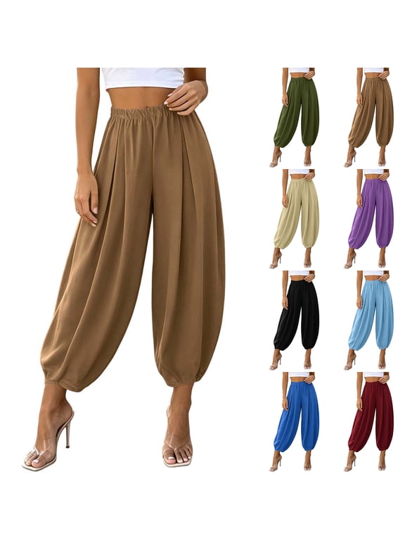 Cropped Cotton Linen Pants for Women Harme High Waisted Pants Pull On Elastic Waist Pant Pleated Loose Pant for Beach Vacation Light Blue M