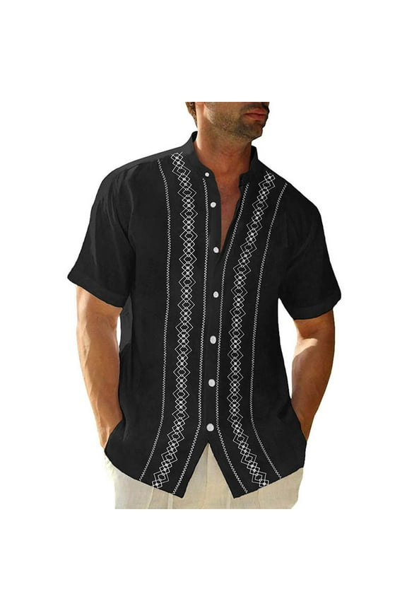 Cuban Guayabera Shirts for Men Short Sleeve Casual Button Down Hawaiian Shirt Band Collar Beach Camp Mexican Shirt Black L