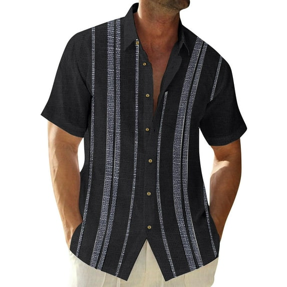 Lumtrix Cuban Guayabera Shirts for Men Short Sleeve Casual Button Down Hawaiian Shirt Band Collar Beach Camp Mexican Shirt Black M