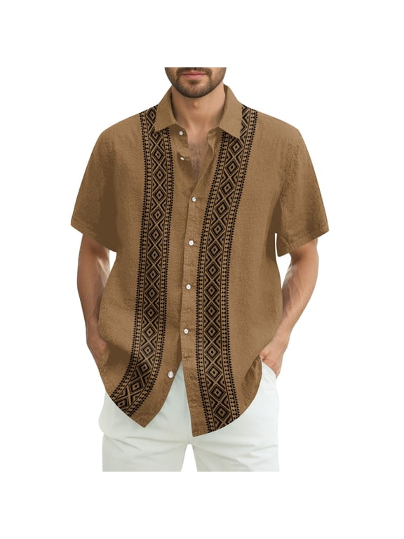 Cuban Guayabera Shirts for Men Short Sleeve Casual Button Down Hawaiian Shirt Band Collar Beach Camp Mexican Shirt Brown 3XL