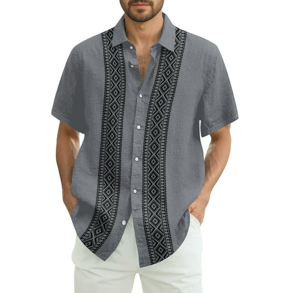 Lumtrix Cuban Guayabera Shirts for Men Short Sleeve Casual Button Down Hawaiian Shirt Band Collar Beach Camp Mexican Shirt Dark Gray M