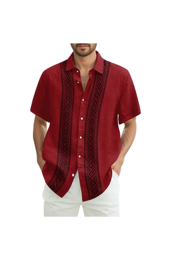 Cuban Guayabera Shirts for Men Short Sleeve Casual Button Down Hawaiian Shirt Band Collar Beach Camp Mexican Shirt Red XL
