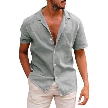 Lumtrix Cuban Linen Shirts for Men Short Sleeve Button Down Shirt Cotton Solid Summer Beach Camp Vacation Hawaiian Shirts Gray XL
