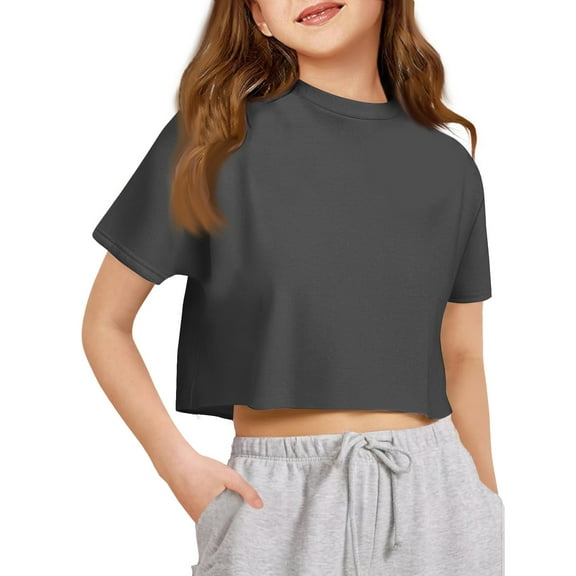 Lumtrix Girls Crop Tops Short Sleeve T-Shirts for Girl Crew Neck Basic Tee Size 2-14 Years Dark Gray 140