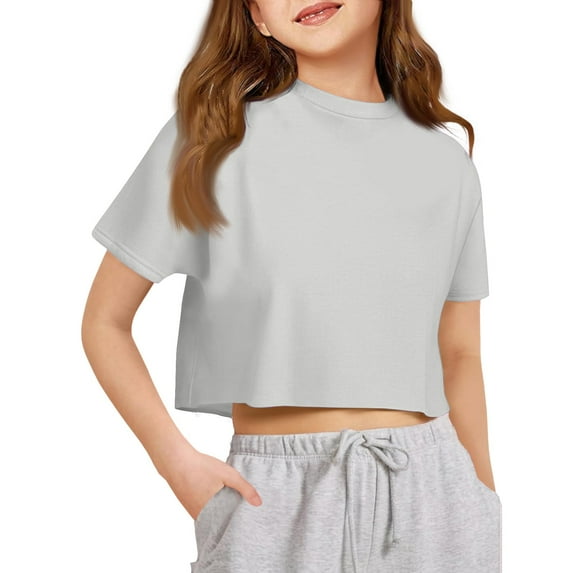 Lumtrix Girls Crop Tops Short Sleeve T-Shirts for Girl Crew Neck Basic Tee Size 2-14 Years Light Gray 120