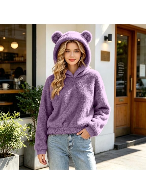 Cute Teddy Bear Ears Hoodie Long Sleeve Warm Plush Pullover Winter Fleece Fuzzy Sweatshirts Hooded Outerwear Purple L