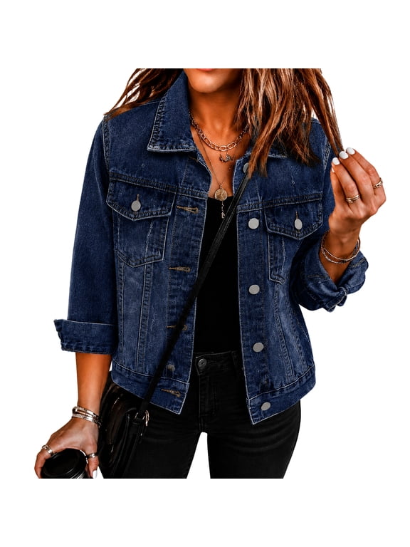 Denim Jacket Women 3/4 Sleeve Cropped Jean Shirt Y2k Collared Button Down Outerwear Tops with Pockets Dark Blue XL