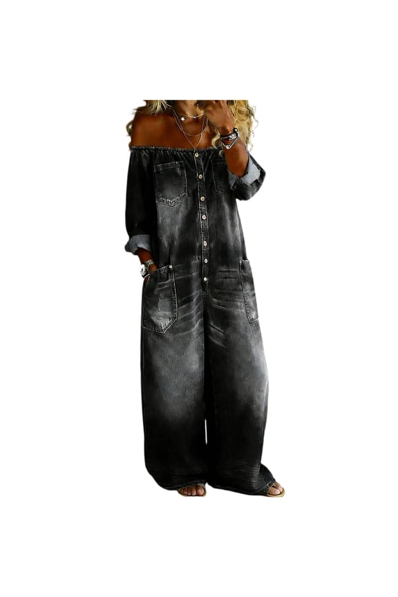 Denim Romper For Women Long Sleeve Off Shoulder Denim Jumpsuit Trendy Button Down Wide Leg Jean Overall With Pockets Gray M