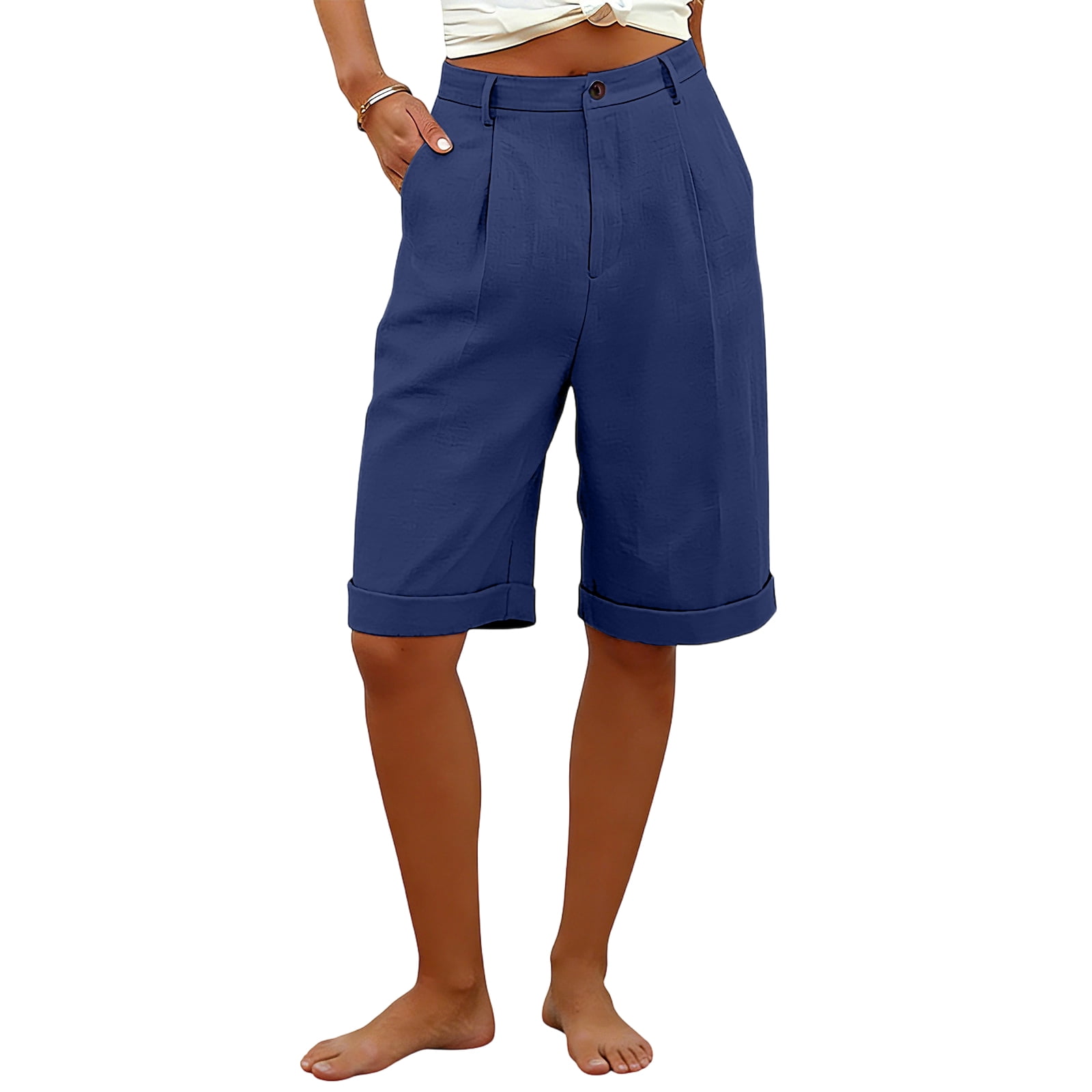 Lumtrix Dress Shorts For Women Knee Length Linen Bermuda Shorts Dressy Casual Buttons High Waisted Wide Leg Long Short With Pockets Navy S, Women's