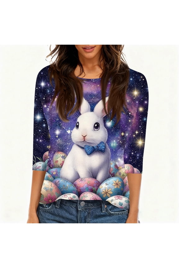 Easter Shirt for Women Bunny Graphic 3/4 Sleeve Tops Colored Eggs Print Tees Round Neck Blouse Loose Fit Tunic Dark Purple L
