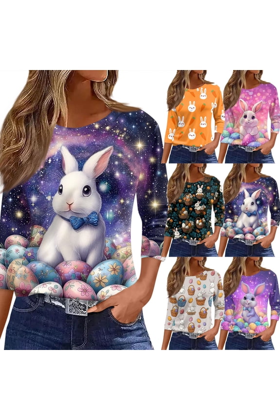 Easter Shirts for Women 2026 3/4 Sleeve Cute Bunny Graphic Tunic Tops Crewneck Plus Size Casual Cute Spring Colored Eggs Print Clothes Orange 2XL