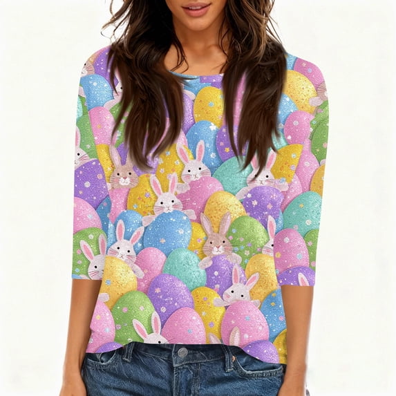 Lumtrix Easter Shirts for Women Bunny Graphic 3/4 Sleeve Top Colored Eggs Print Tees Round Neck Blouse Loose Fit Tunic Purple XL