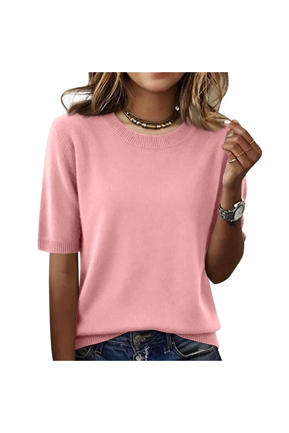 Elbow Sleeve Tops Women Loose Ribbed Fit Knit Crew Neck T-Shirts Dressy Lightweight Half Sleeve Spring Blouses Light pink XL
