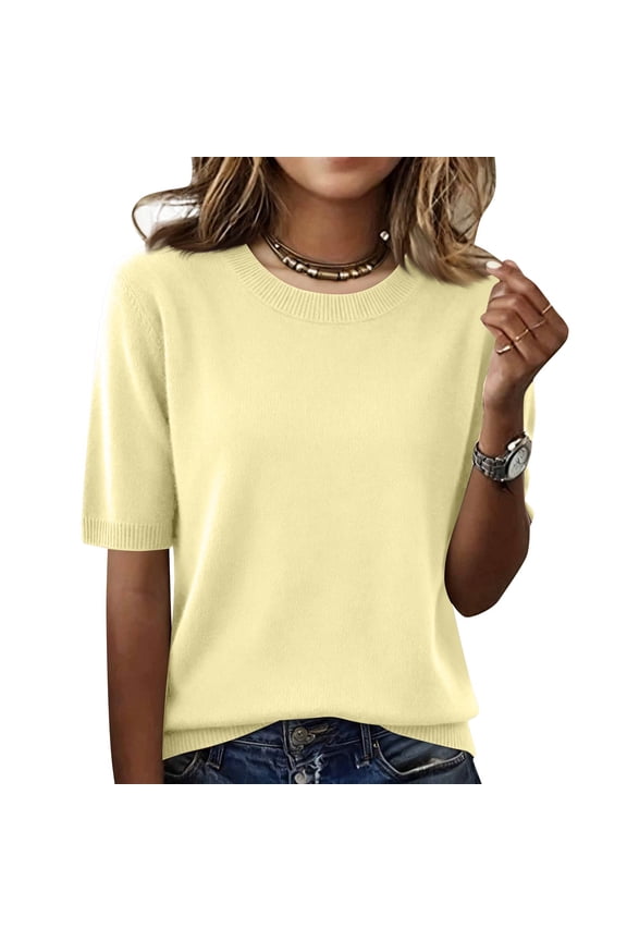 Elbow Sleeve Tops Women Loose Ribbed Fit Knit Crew Neck T-Shirts Dressy Lightweight Half Sleeve Spring Blouses Yellow XL