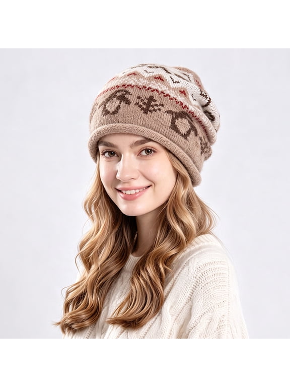Fair Isle Slouchy Beanie Hats For Women Fashionable Warm Winter Knit Hat Soft Vintage Lightweight Head Cap for Daily Outfit Khaki One Size