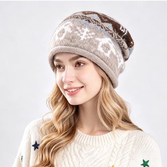 Lumtrix Fair Isle Slouchy Beanie Hats For Women Fashionable Warm Winter Knit Hat Soft Vintage Lightweight Head Cap for Daily Outfit Light Brown One Size