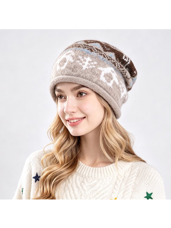 Fair Isle Slouchy Beanie Hats For Women Fashionable Warm Winter Knit Hat Soft Vintage Lightweight Head Cap for Daily Outfit Light Brown One Size