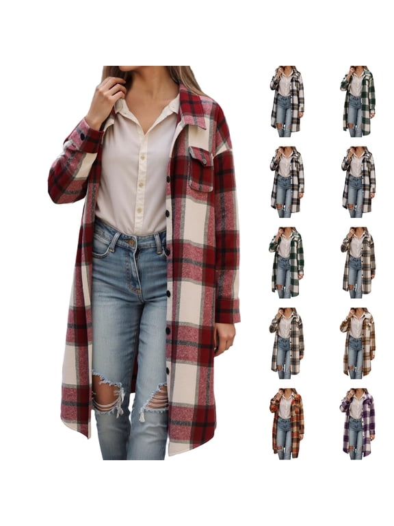 Fall Jackets For Women Flannel Plaid Shacket Winter Oversized Long Casual Lapel Button Down Shirt Jacket With Pockets Wine S