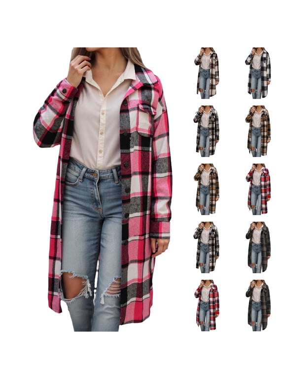 Fall Jackets For Women Trendy Casual Winter Coat Long Cardigans Lapel Button Down Plaid Shirt Checkered Winter Jacket Hot Pink L