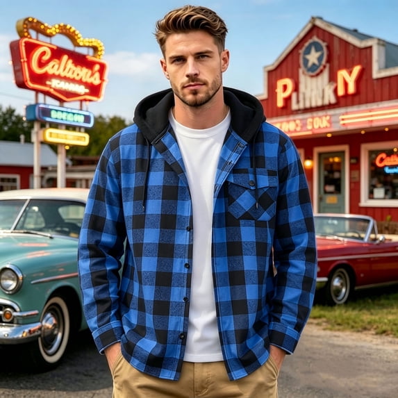 Lumtrix Flannel Shirt For Men Casual Long Sleeve Button Down Plaid Shirts Jackets Loose Drawstring Hooded Tops With Pocket Blue S