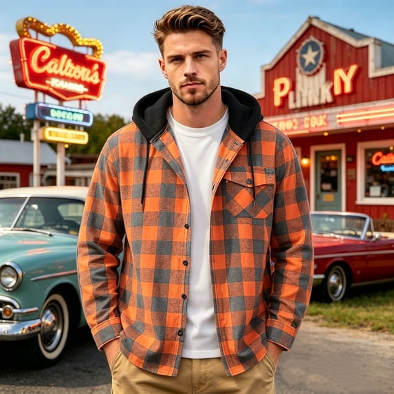 Lumtrix Flannel Shirt For Men Casual Long Sleeve Button Down Plaid Shirts Jackets Loose Drawstring Hooded Tops With Pocket Orange M