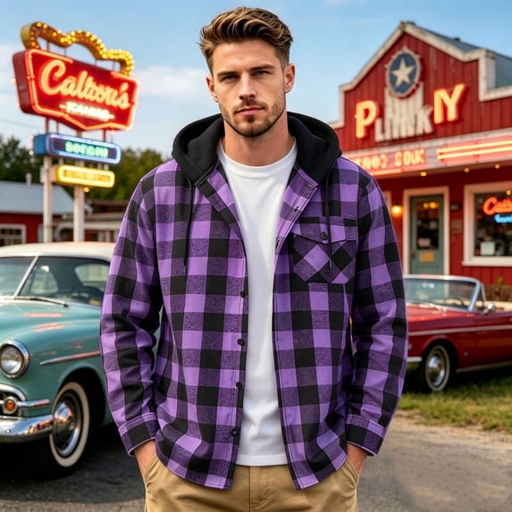 Lumtrix Flannel Shirt For Men Casual Long Sleeve Button Down Plaid Shirts Jackets Loose Drawstring Hooded Tops With Pocket Purple S