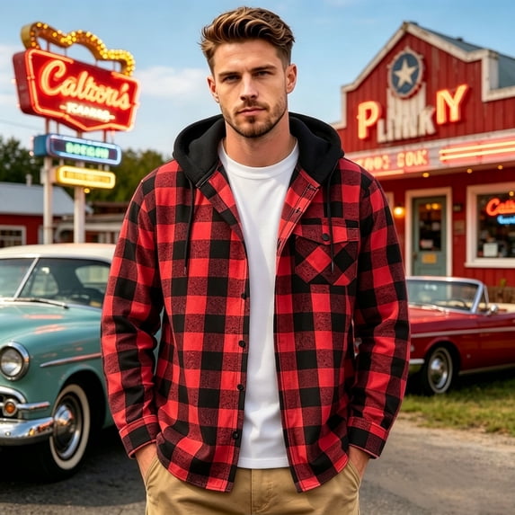 Lumtrix Flannel Shirt For Men Casual Long Sleeve Button Down Plaid Shirts Jackets Loose Drawstring Hooded Tops With Pocket Red M